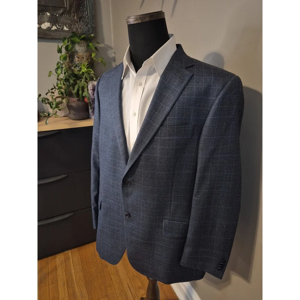 Hart Schaffner Marx Mens 44R Two Button Wool Sports Coat Blue Check USA